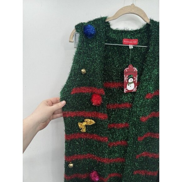 Blizzard Bay Christmas Sweater Women Small Green Holiday Sequin Bow Eyelash Knit - Picture 10 of 10
